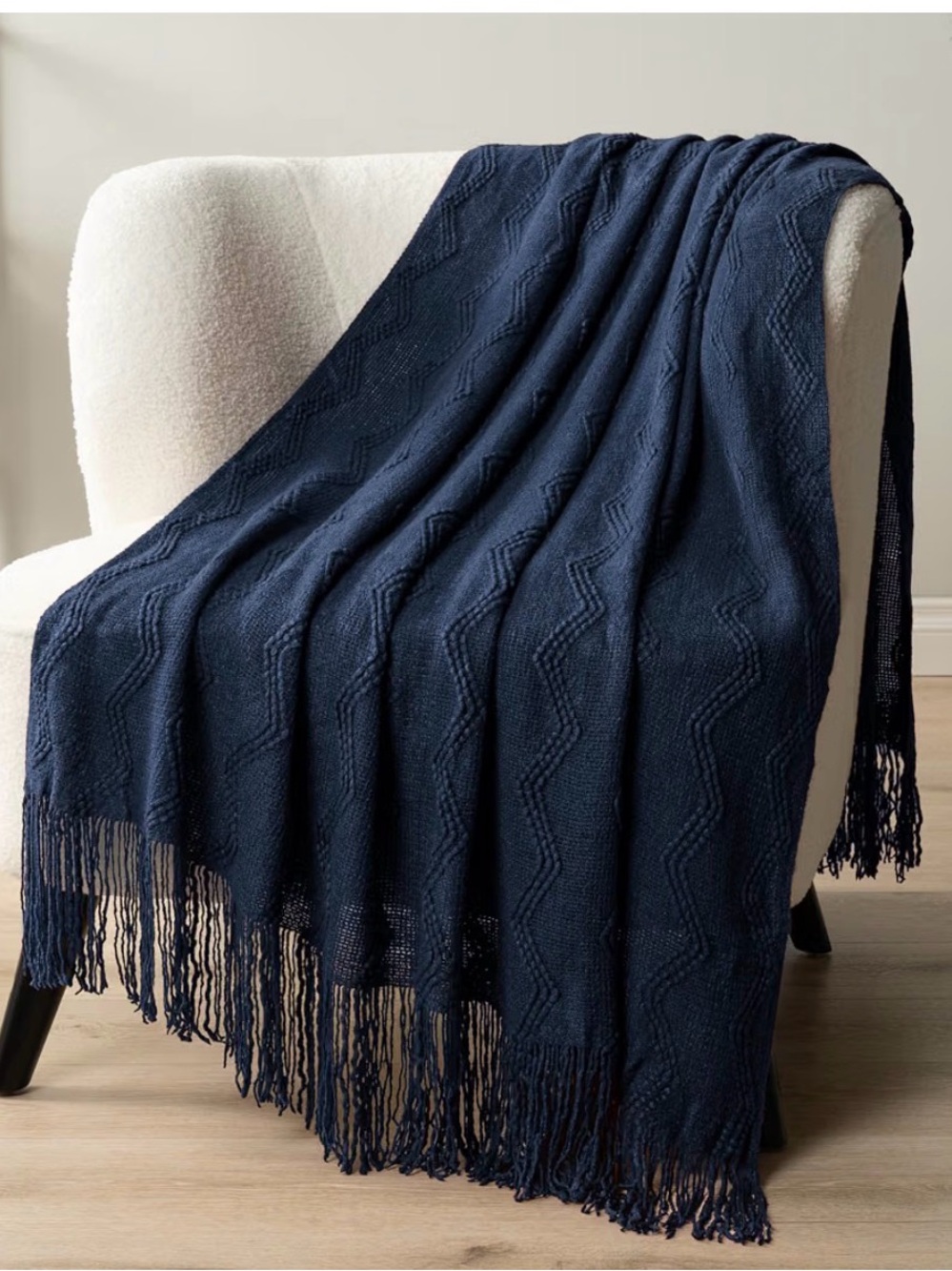 Pavilia Navy Knit Fringe Throw Blanket - Home Bedding